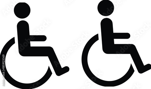 Wheelchair accessibility icon set with disabled person symbols in bold black flat design for universal access signage and inclusive communication