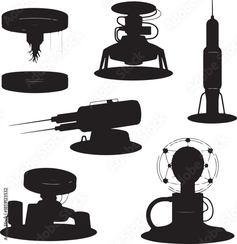 Futuristic scifi machines and spacecrafts in silhouette style