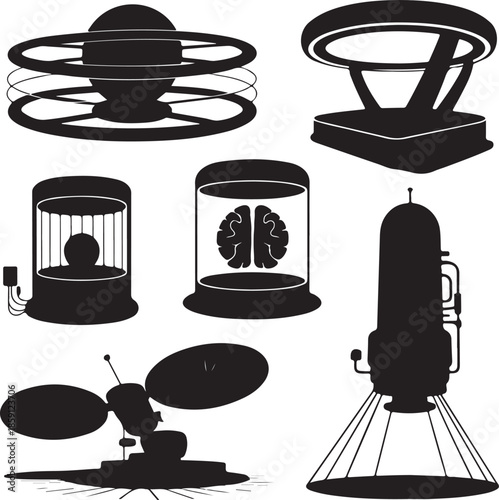 Futuristic technology and scientific devices collection isolated illustration