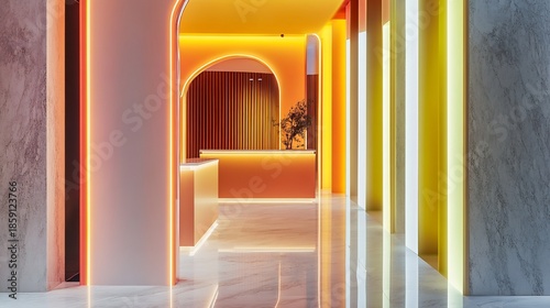 Row of neon light buffers in bright yellow and orange lining a sleek modern hallway casting a warm glow on marble floors and walls creating a vibrant and luxurious atmosphere