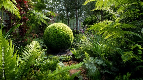 Lush, verdant garden scene with a spherical topiary centerpiece, abundant foliage