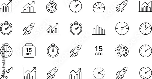 Business growth and time management line icons set with rockets charts clocks stopwatch speed performance analytics outline vector collection