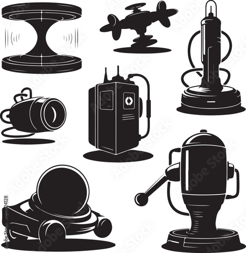 Collection of futuristic and retro scifi technology devices isolated