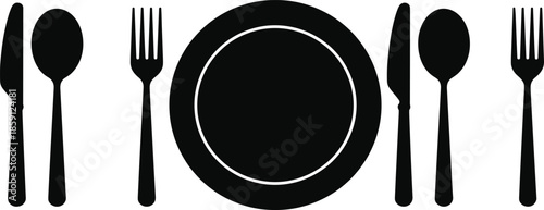 Cutlery place setting silhouette with plate fork knife spoon minimal dining tableware black vector illustration