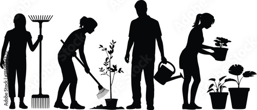 Gardening teamwork silhouette illustration with people raking, planting, watering, and caring for plants, representing outdoor activity, farming, and eco lifestyle design