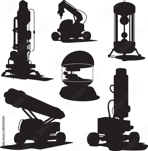 Collection of industrial machinery and equipment silhouettes isolated