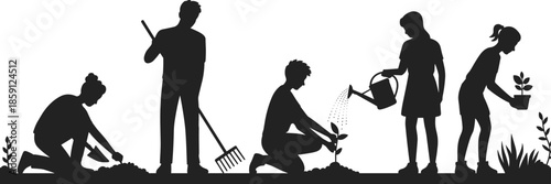 Gardening people silhouettes set with men and women planting watering and raking plants outdoor teamwork black vector illustration