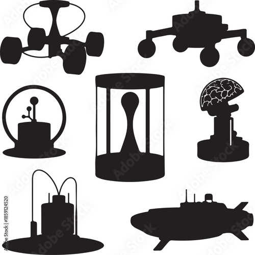 Collection of futuristic science and technology icons isolated on transparent background