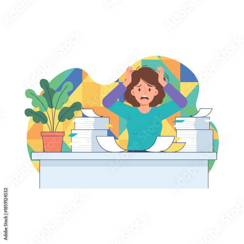 Stressed business woman overwhelmed by paperwork and excessive workload