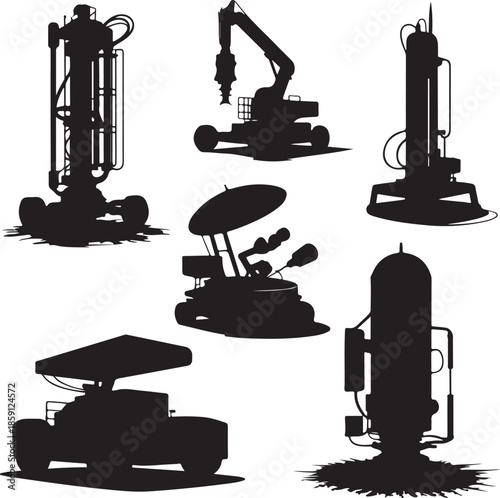 Collection of industrial machinery and robotic equipment silhouettes