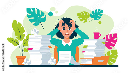 Stressed business woman overwhelmed by excessive office workload and mountains of paperwork