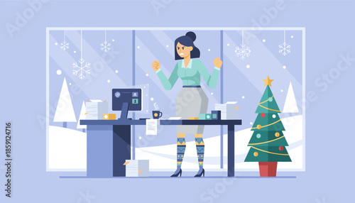 Angry businesswoman stressed by heavy workload and holiday deadlines in a snowy decorated office