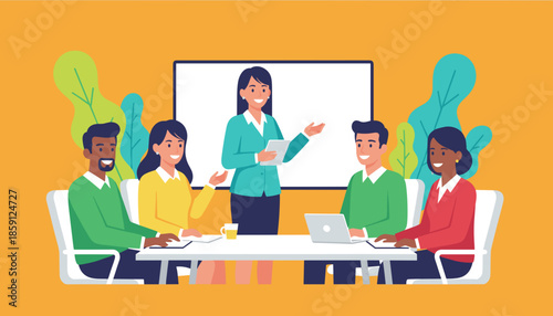 Diverse business team meeting Professional woman presents to colleagues highlighting teamwork and leadership