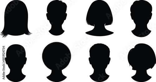 People avatar head silhouettes set with male and female profiles hairstyles black vector illustration collection for user interface and design projects