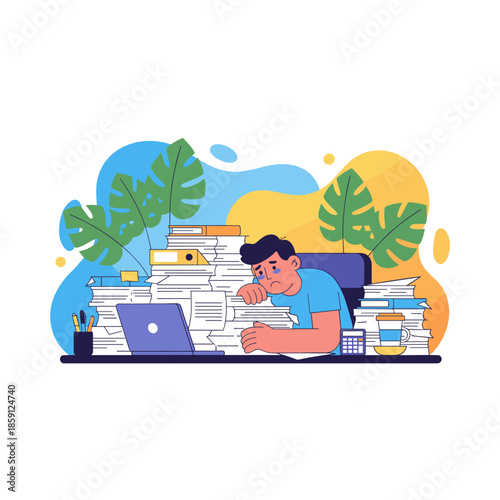 Overworked employee crying overwhelmed by excessive paperwork Concept of burnout workload and stress