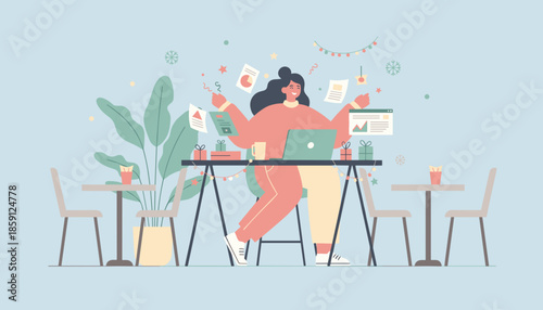 Productive woman happily finishes tasks while juggling documents during the festive winter holidays