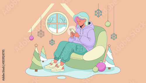 Relaxing in a festive winter room a young person uses their phone by the window Vector illustration