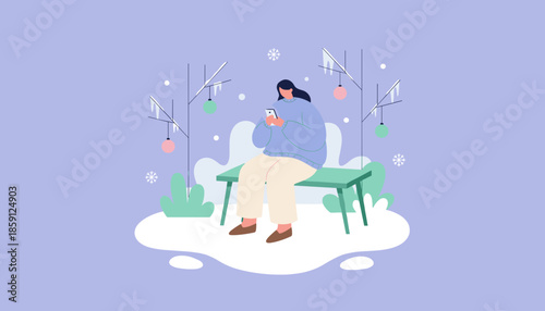 Woman uses phone on a snowy park bench Winter holiday leisure and digital connectivity