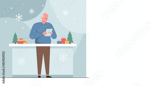 Lonely senior man looking sadly at a tablet device surrounded by winter snow and holiday gifts Digital isolation concept