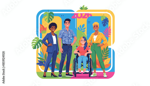 Diverse inclusive team smiling against a vibrant tropical backdrop labeled 2026