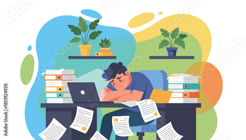 Stressed employee drowning in paperwork and heavy workload at the office desk Burnout concept illustration