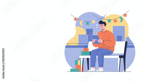 Man frustrated by tablet failure during holidays or online shopping