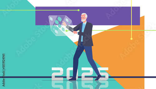 Futuristic business leader interacting with holographic data interface above the year 2025