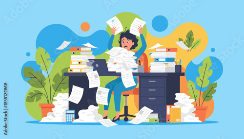 A stressed office worker is overwhelmed by huge piles of paperwork symbolizing burnout and bureaucracy