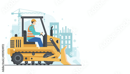 Worker operating a bulldozer in a snowy city construction site
