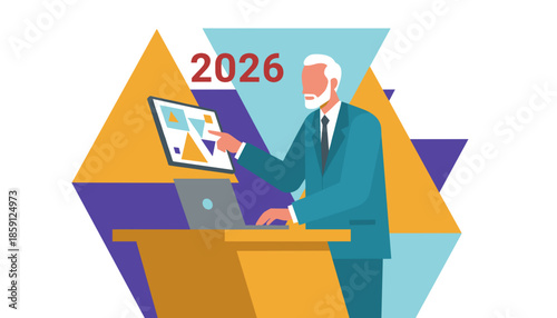Senior businessman presents 2026 data and future trends using modern screen visualization