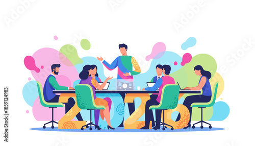 Diverse team planning strategy in a colorful business meeting Collaboration teamwork and modern presentation