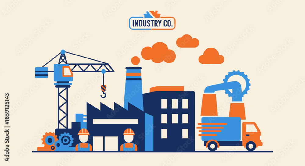 Naklejka premium Flat vector illustration of industry factory construction site logistics and workers