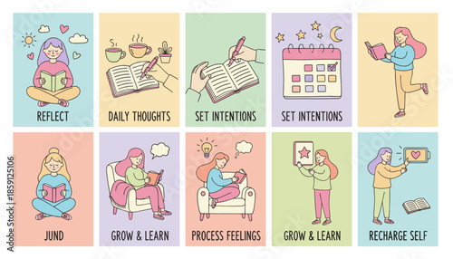 Selfcare and personal development set reading journaling reflection and setting intentions in pastel vector illustration