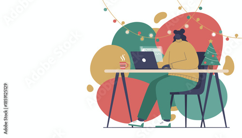 Remote work during holidays Person using laptop at Christmas decorated desk in a cozy flat illustration
