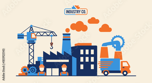 Flat vector illustration of industry factory construction site logistics and workers