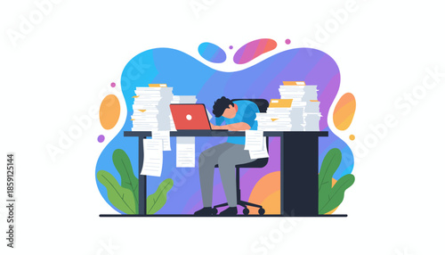 Exhausted worker facing massive workload and office burnout