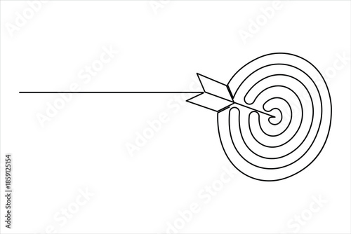 Continuous line art drawing of archery target with arrow, one line art design vector illustration
