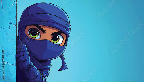 Cartoon Ninja Character Peeking from Behind a Wall.