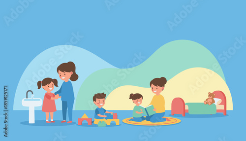 Caregivers helping children wash hands play with blocks and read stories in a happy kindergarten
