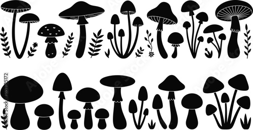 Mushroom silhouettes set with forest fungi plants and botanical elements black vector illustration collection for nature decor and design