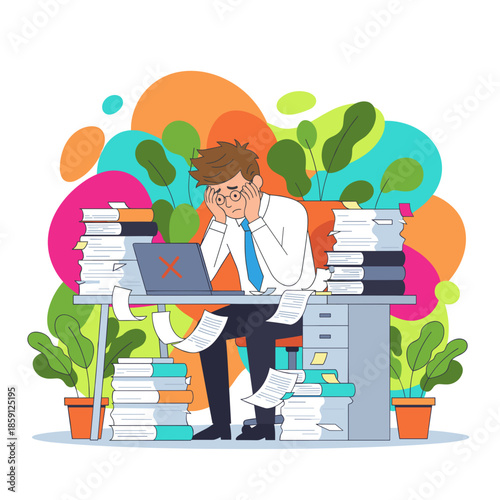 Stressed businessman overwhelmed by paperwork and technology failure suffering from burnout at his chaotic office desk