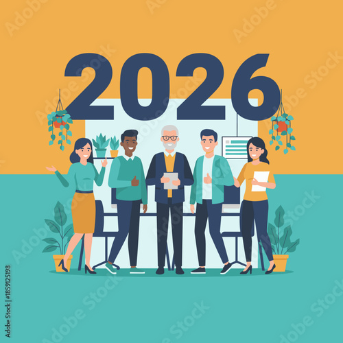 Diverse business team planning for success in 2026 Corporate strategy future goals and teamwork concept illustration