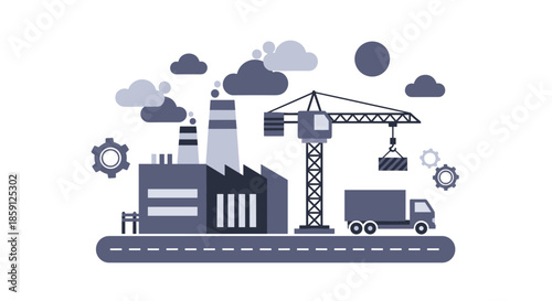 Flat graphic illustration of an industrial factory construction crane and delivery logistics