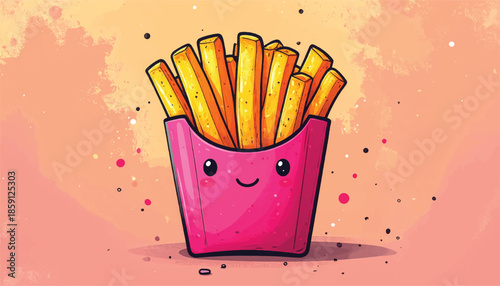 Cute Cartoon French Fries in a Pink Container with a Smiling Face.