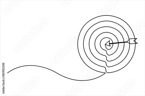 Continuous line art drawing of archery target with arrow, one line art design vector illustration