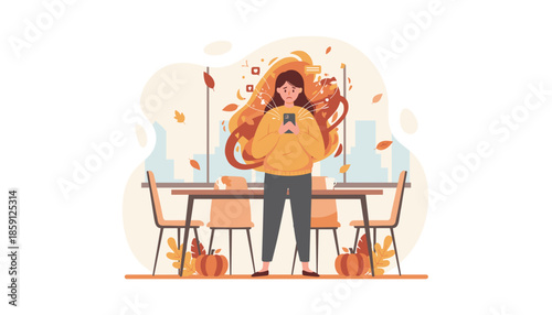 Autumn digital burnout Woman overwhelmed by phone notifications and social media anxiety