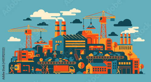 Global industry and manufacturing economy Busy factory production line illustrated in flat design