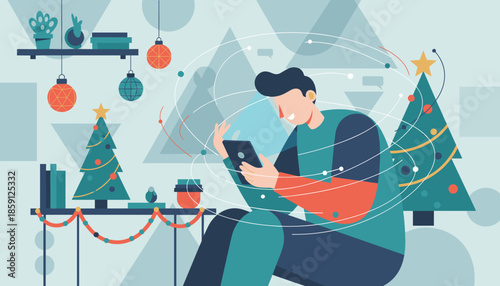 Man using tablet in a festive room connecting digitally during Christmas holidays
