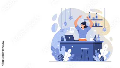 Happy woman celebrates success at a bar counter with laptop winter holiday work completed