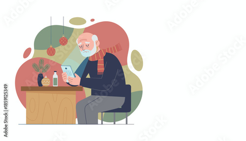 Sad elderly man uses a smartphone at a festive table illustrating loneliness winter or holiday communication